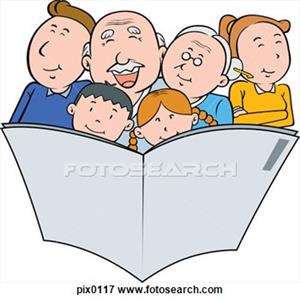 grandparents, parents and children reading together 